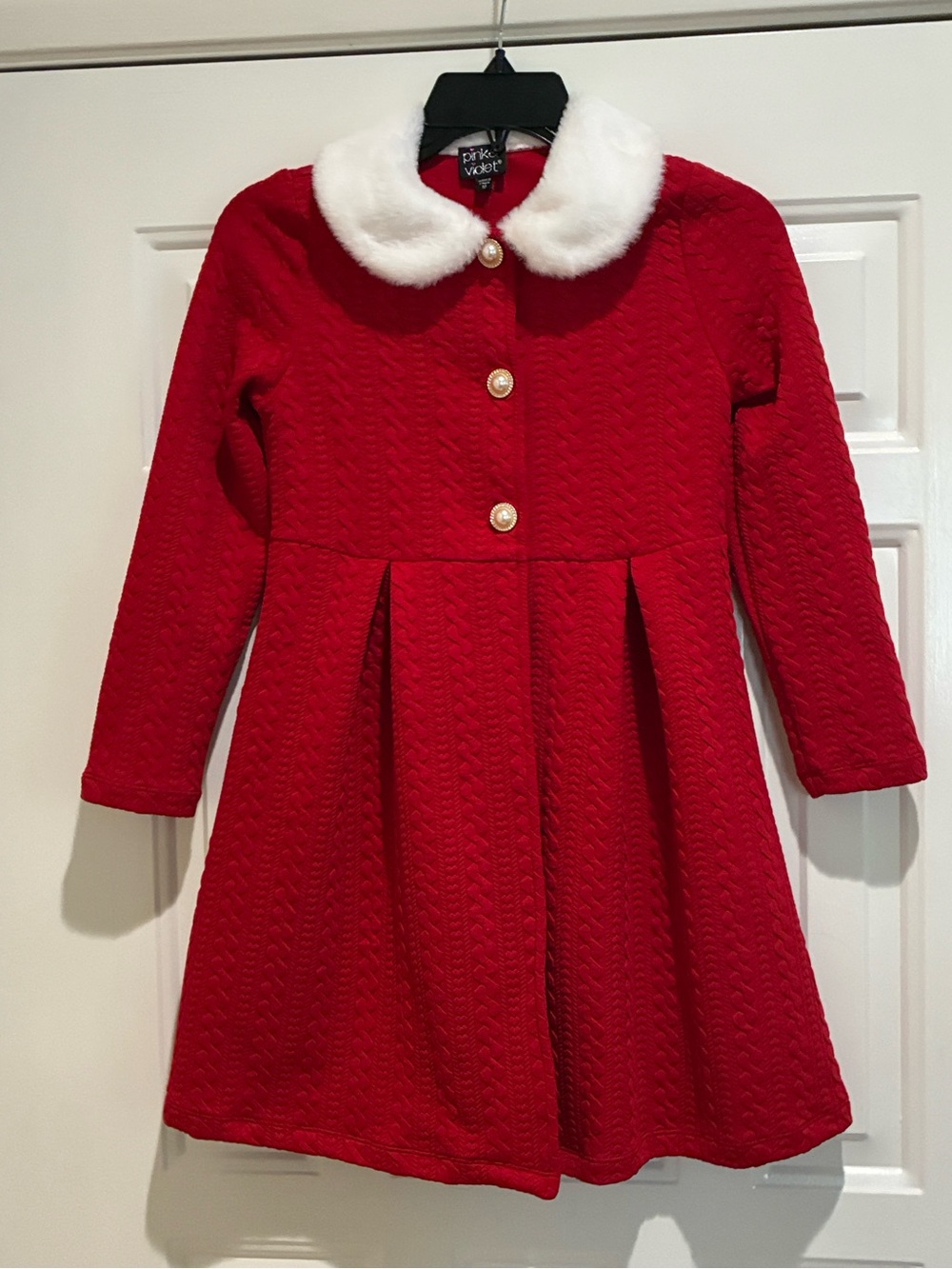 Pink & Violet Red Knit jacket with White Faux Fur Collar